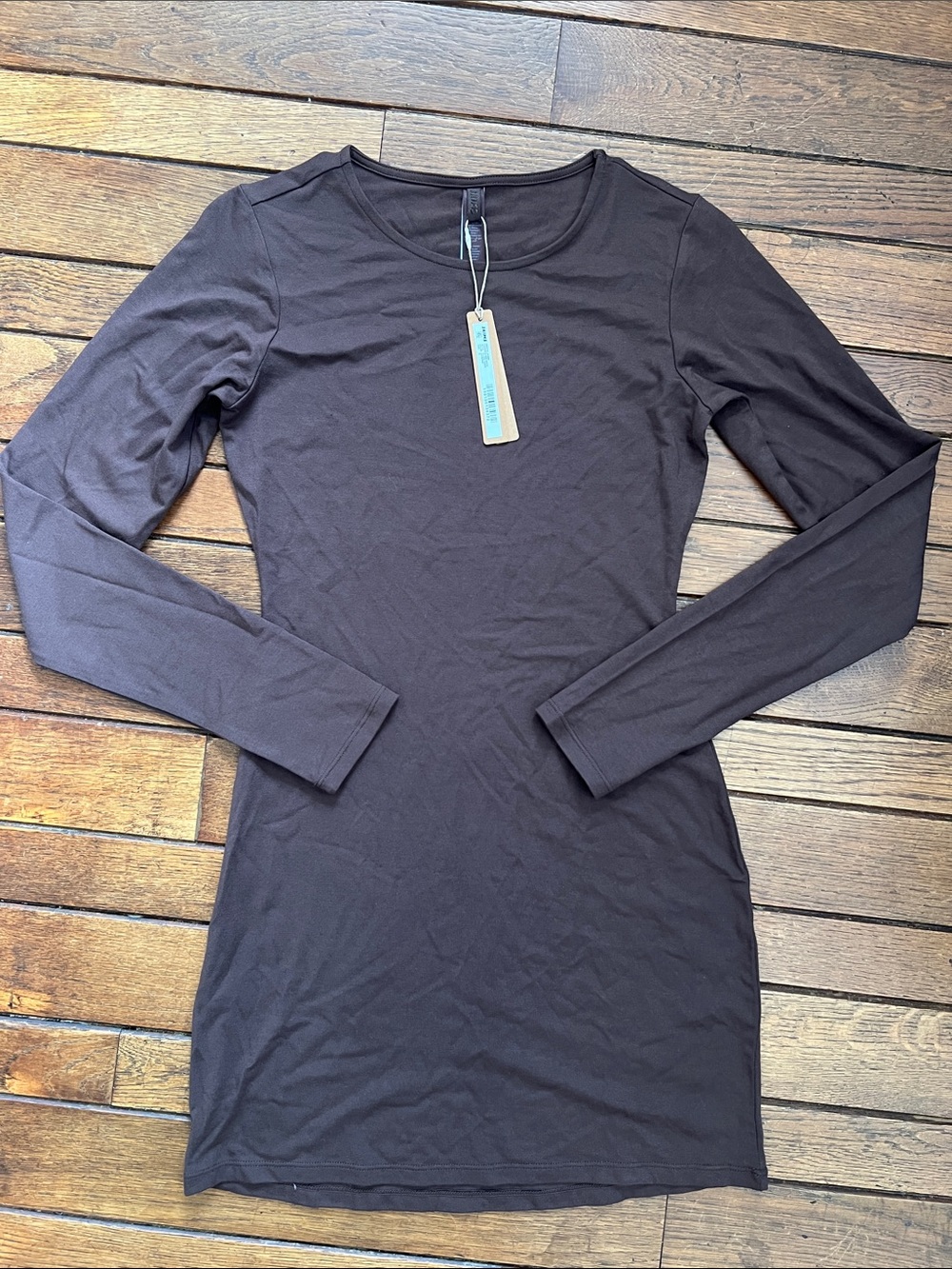 SKIMS Espresso Brown Smooth Layers Long Sleeved Mini Dress Size Small NWT